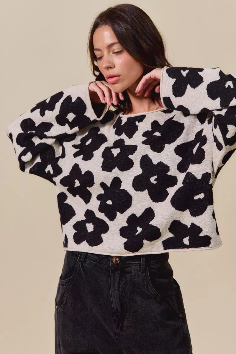 SO ME Loose Fit Flower Lightweight Sweater Top
