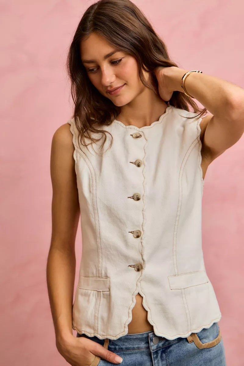 SO ME Scalloped Edge Cotton Twill Washed Vest Top