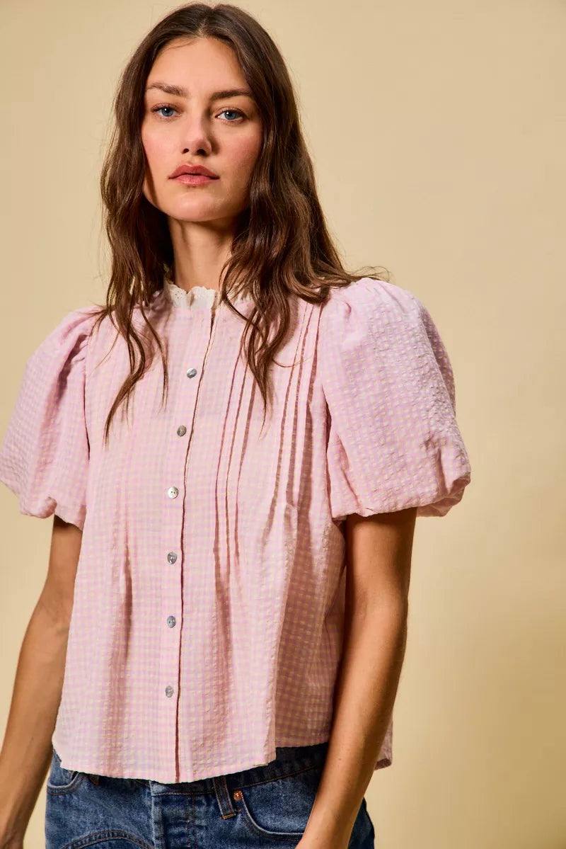 SO ME Gingham Lace Trim Button Bubble Sleeves Blouse