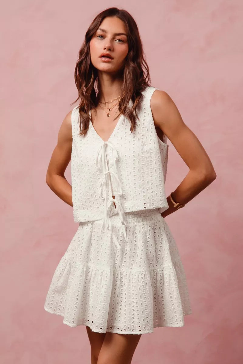 SO ME Floral Eyelet Lace Tie Front Vest Top and Tiered Mini Skirt Set