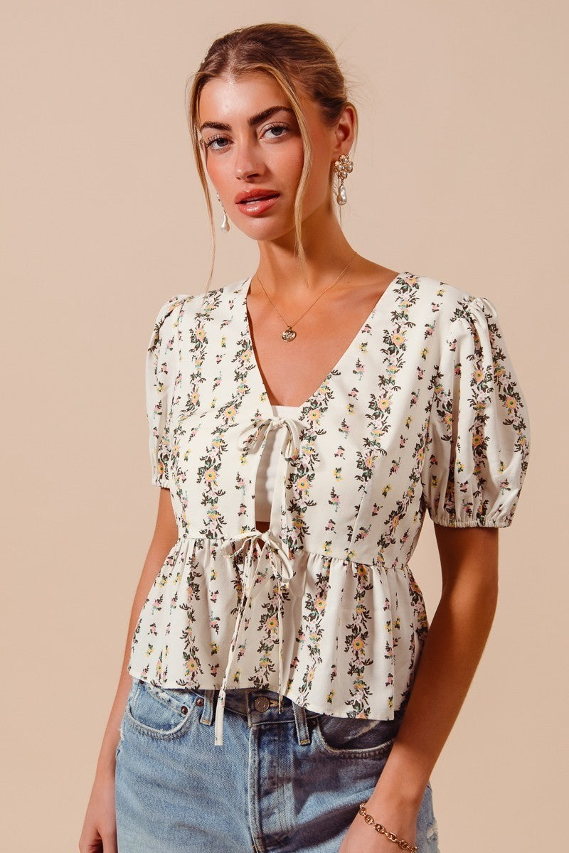 SO ME Floral Print Tie Front Shirred Hem Blouse