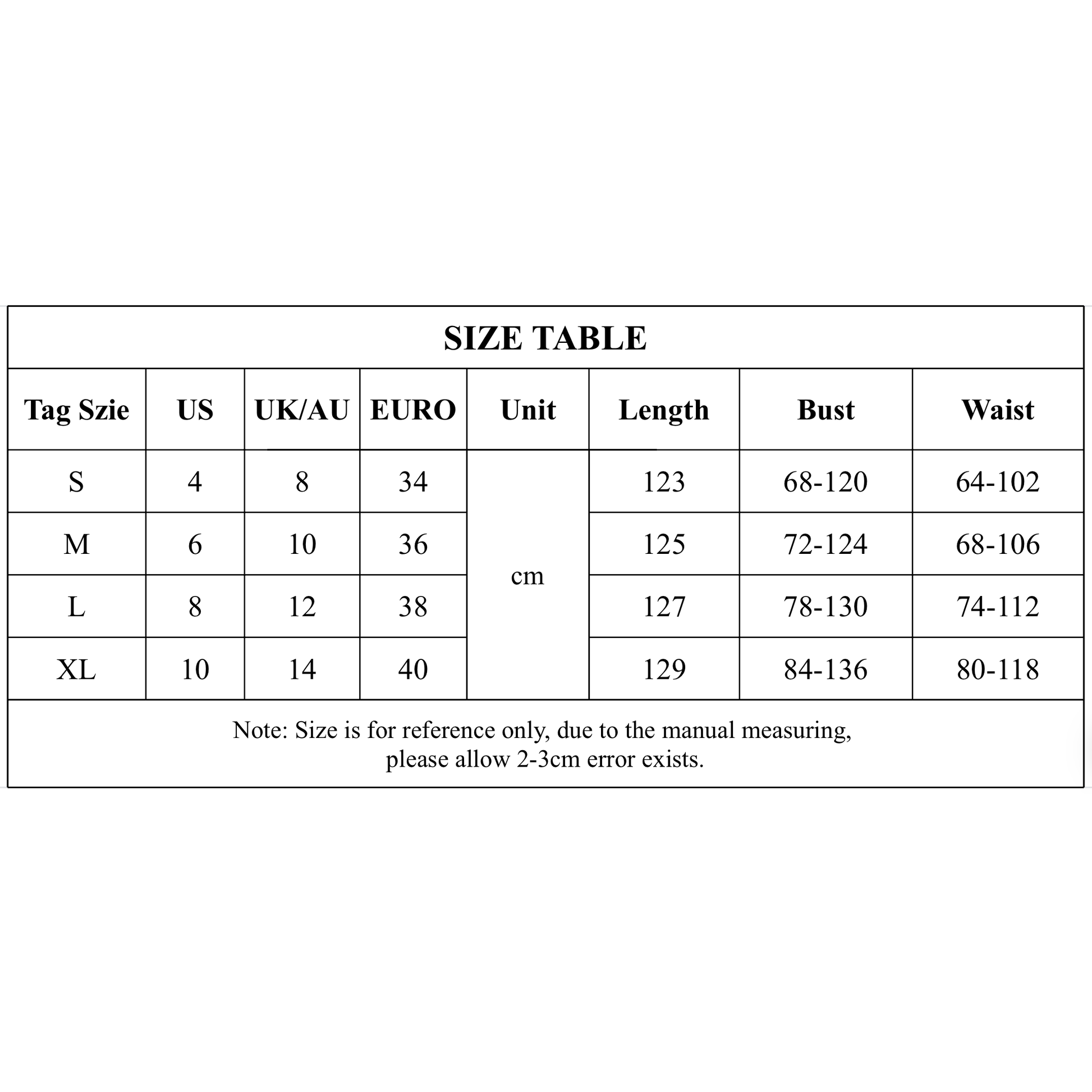 Size table for clothing with measurements in US, UK/AU, and EURO sizes.