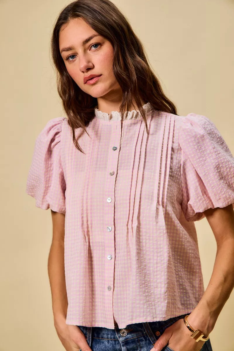 SO ME Gingham Lace Trim Button Bubble Sleeves Blouse