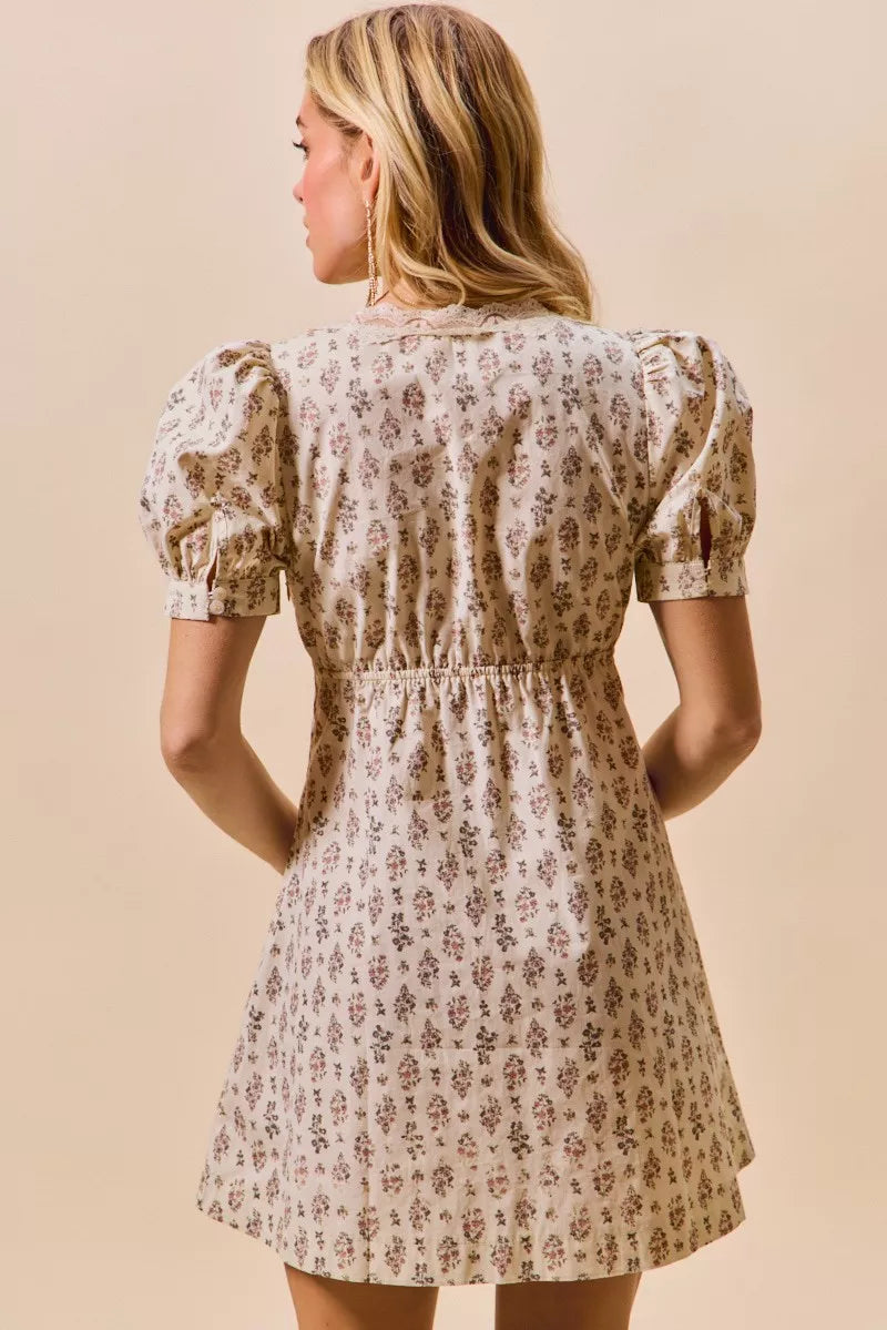 SO ME Floral Print Lace Trim Short Sleeves Mini Dress