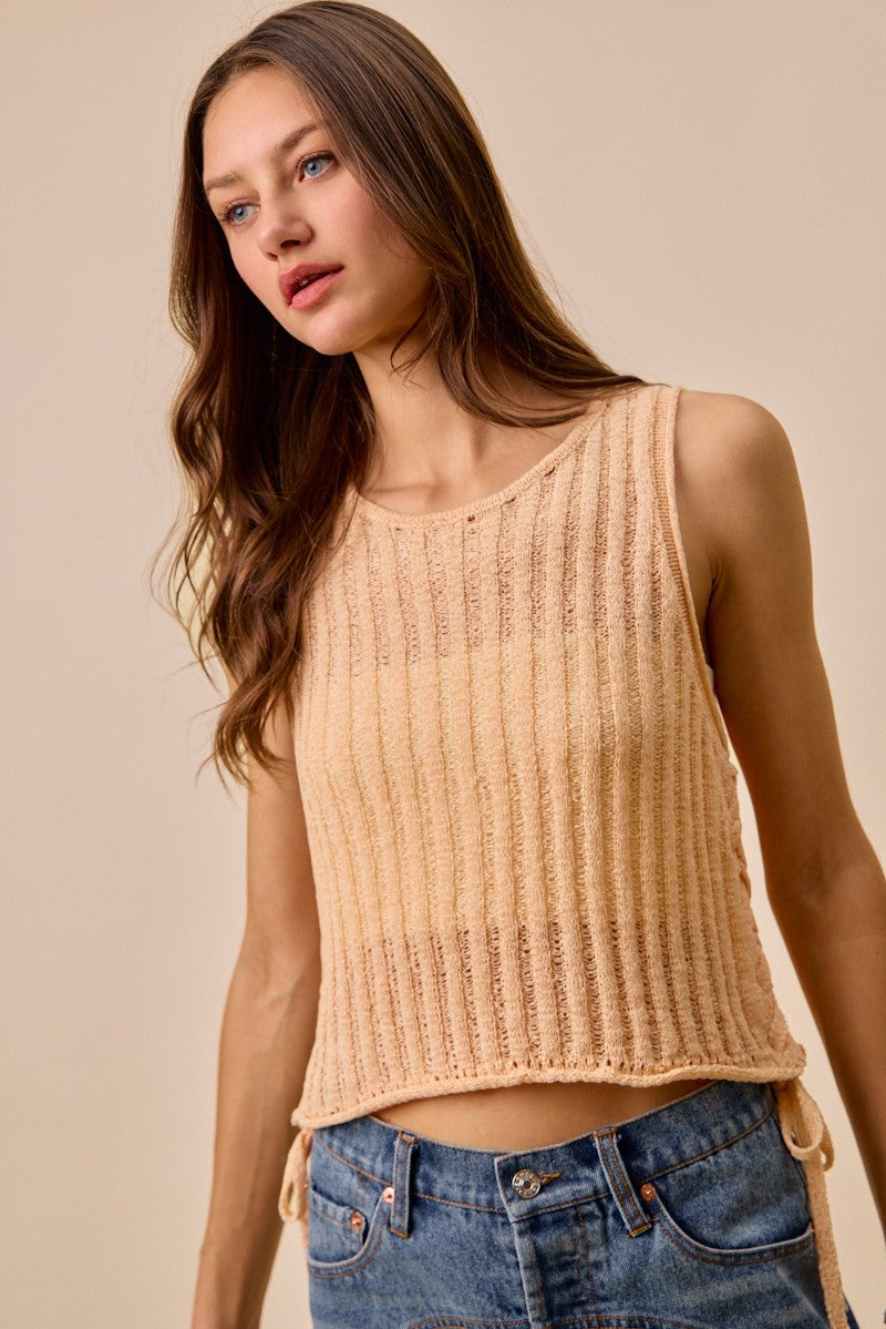 SO ME Low Gauge Pointelle Lightweight Sweater Tank Top PEACH
