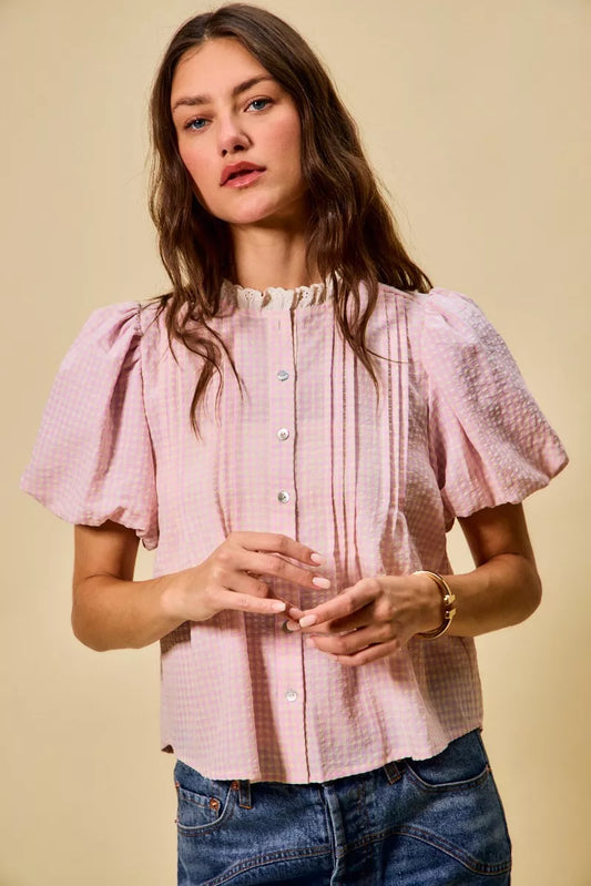 SO ME Gingham Lace Trim Button Bubble Sleeves Blouse PINK