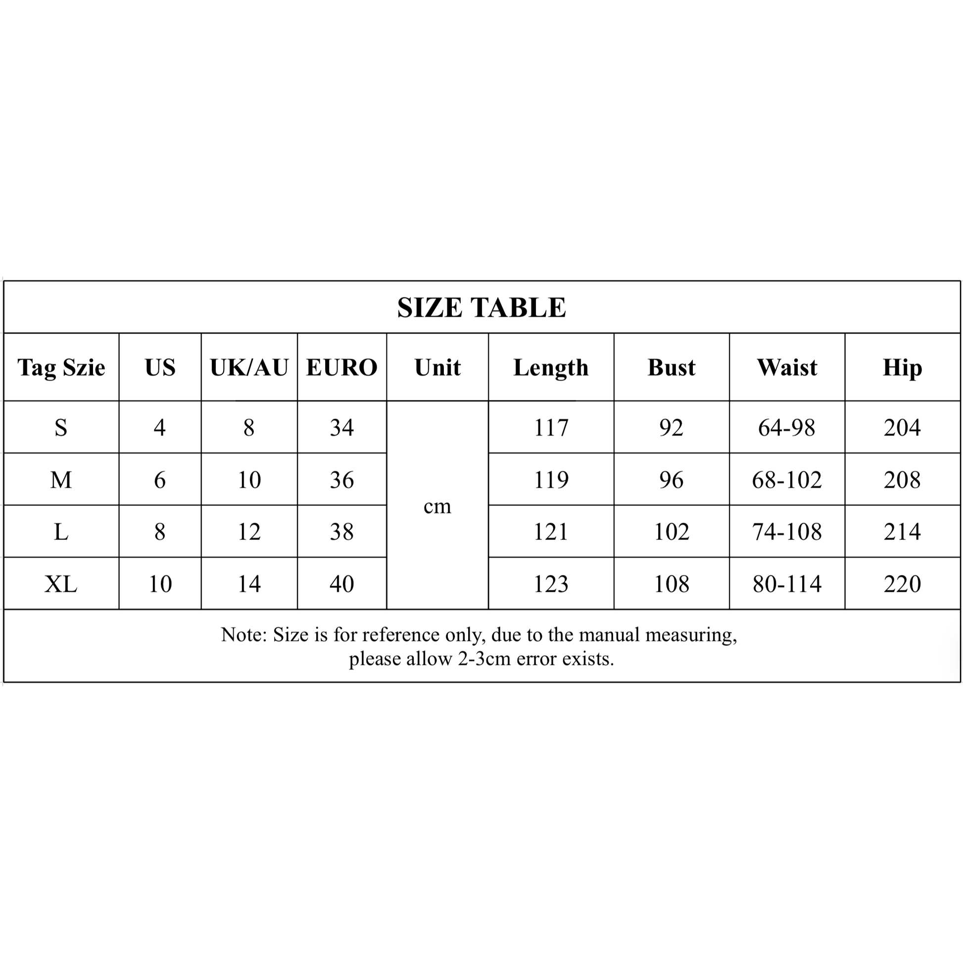 Size table for clothing with measurements in centimeters
