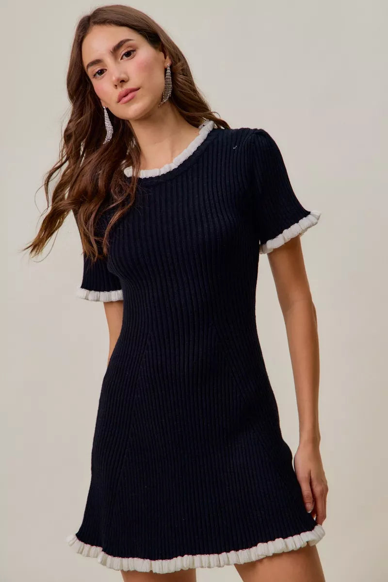 SO ME Contrast Ruffled Sweater Knit Mini Dress