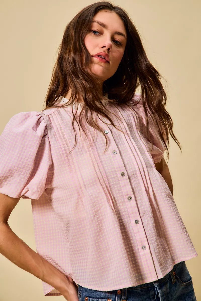 SO ME Gingham Lace Trim Button Bubble Sleeves Blouse