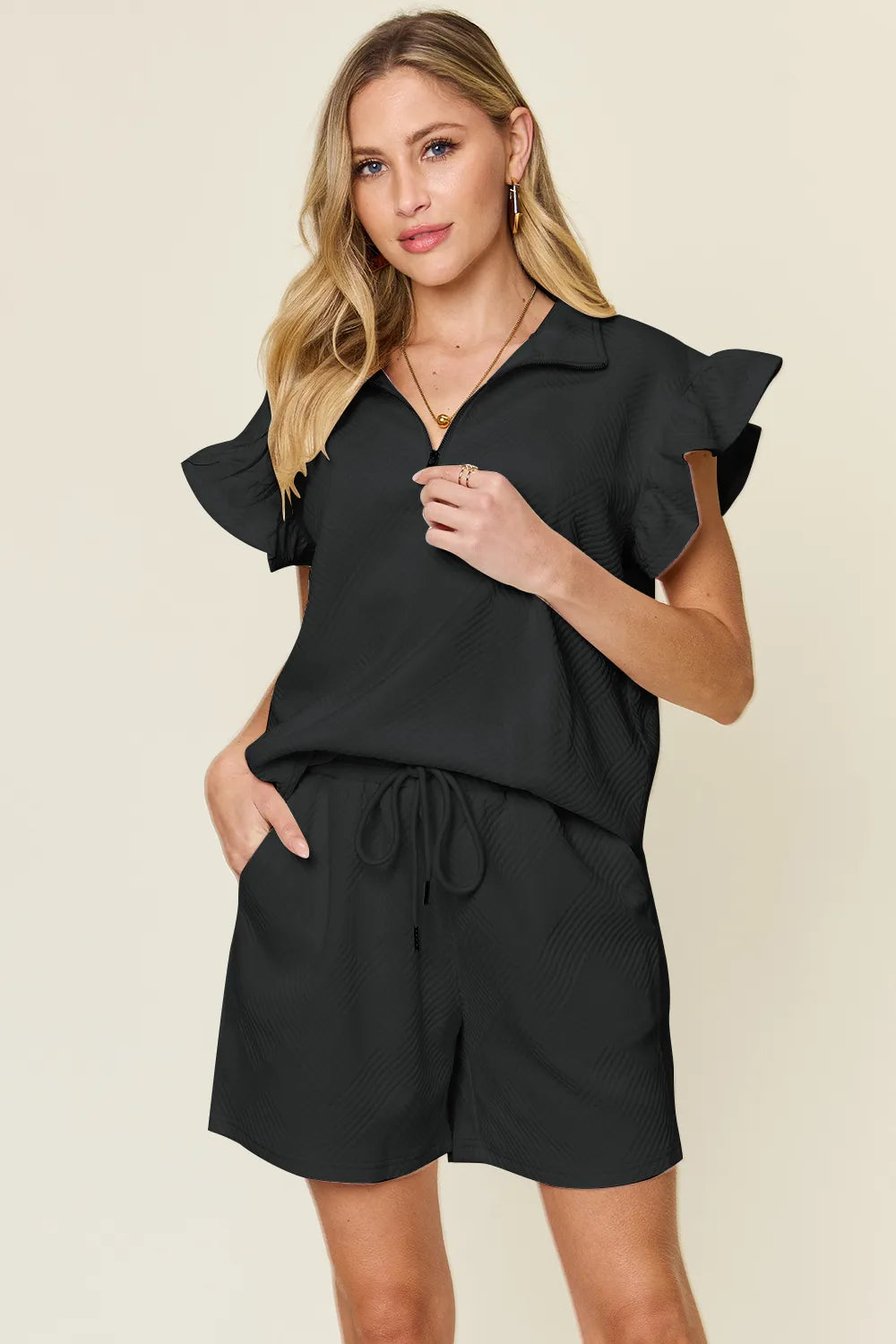 Double Take Full Size Texture Flounce Sleeve Top and Drawstring Shorts Set Black