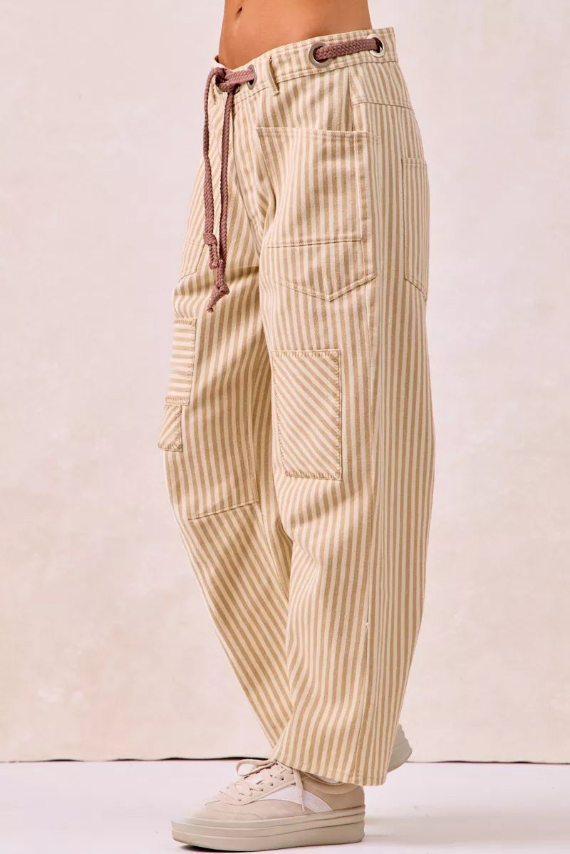 BiBi Drawstring Striped Twill Barrel Pants