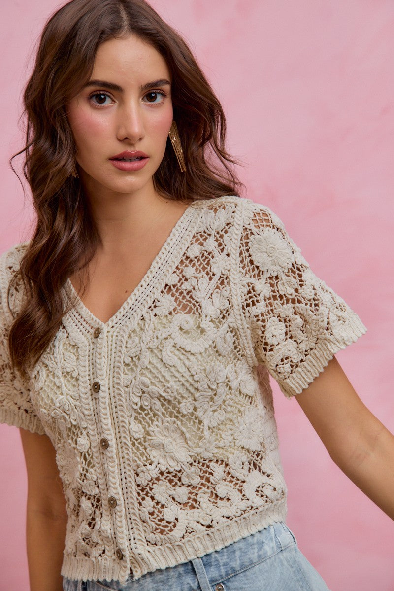 SO ME Floral Crochet Lace Button Down Cardigan