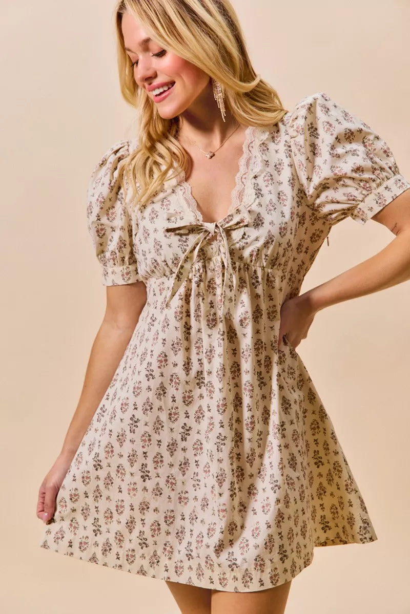 SO ME Floral Print Lace Trim Short Sleeves Mini Dress