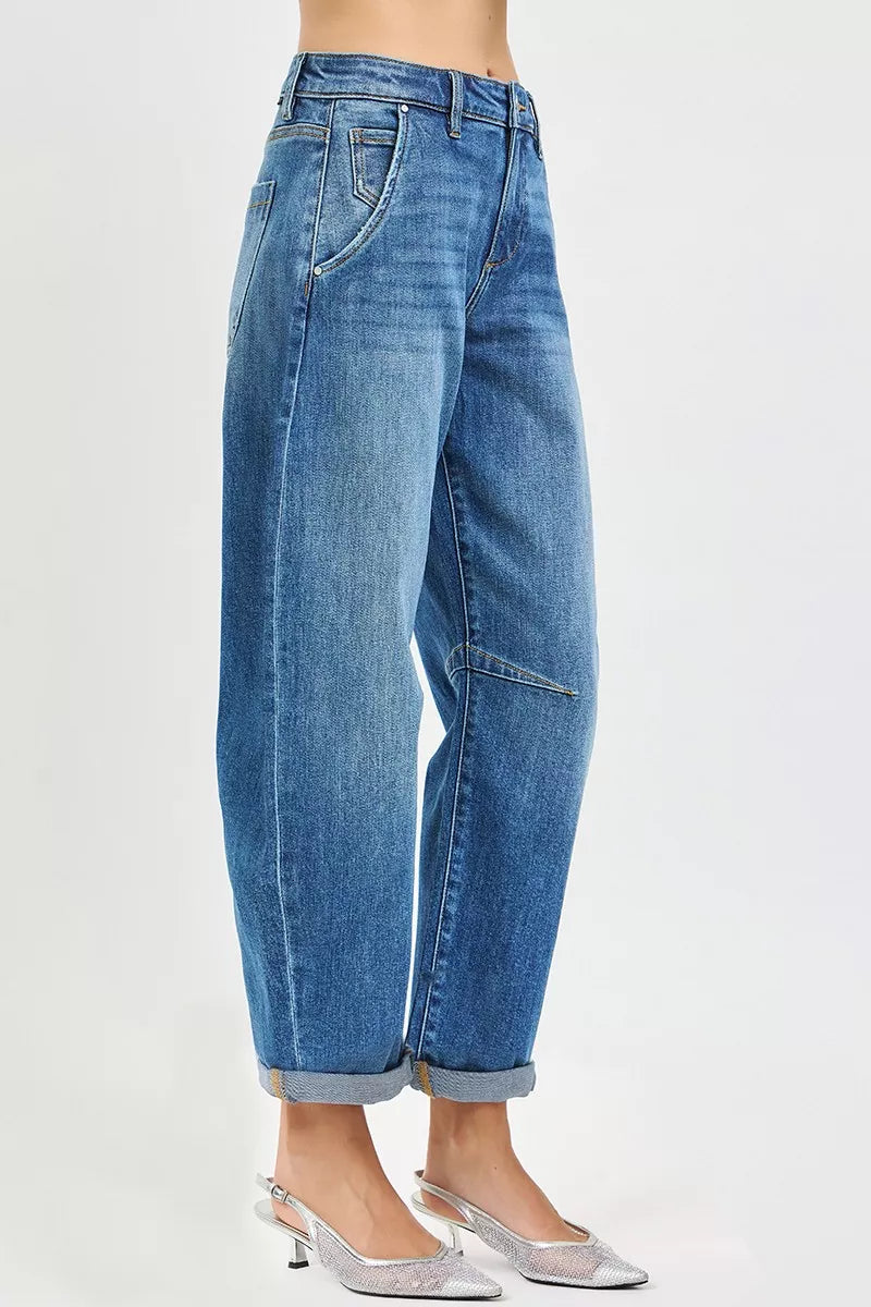 RISEN Slouchy Cropped Barrel Jeans With Cuffed Hem