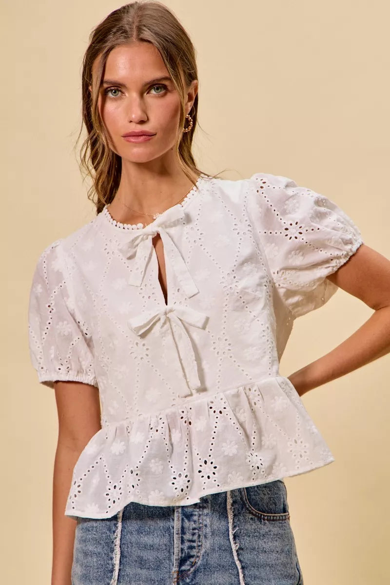 SO ME Cotton Eyelet Front Tie Short Sleeves Blouse