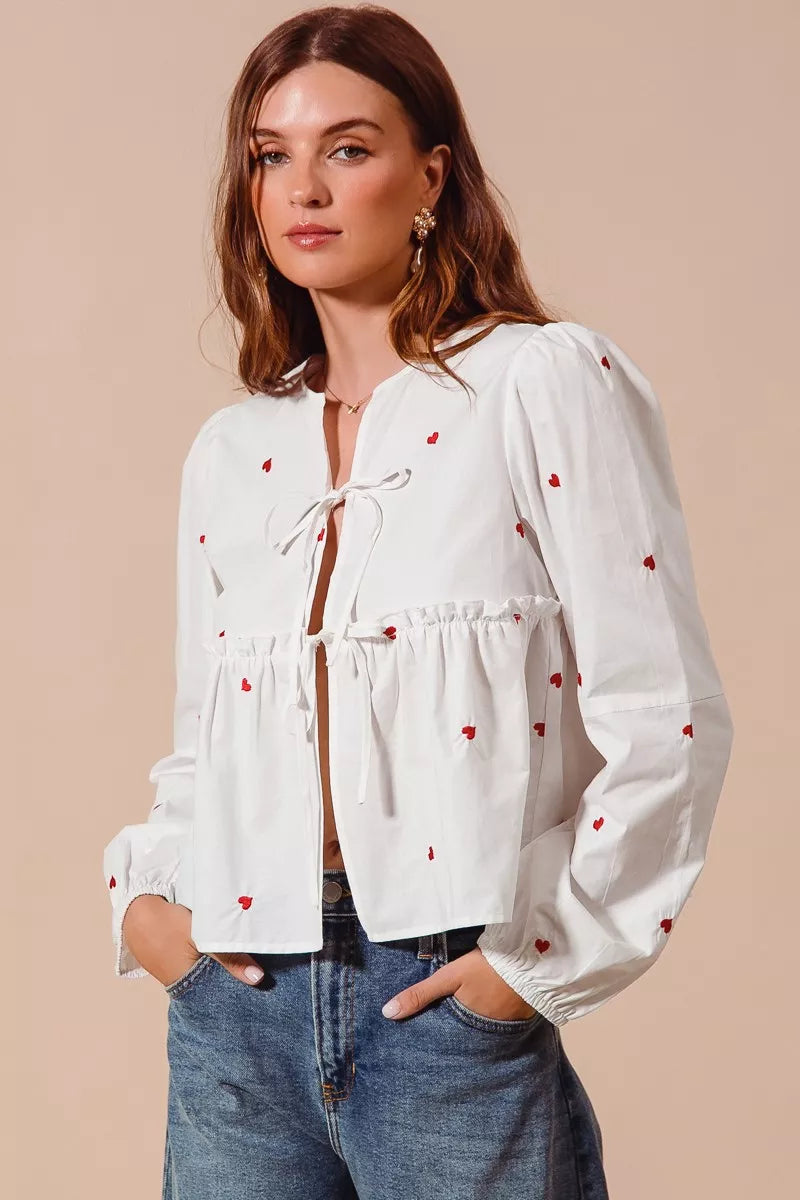 SO ME Front Tie Heart Embroidered Blouse With Puff Sleeve