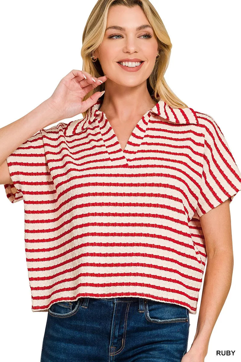 Zenana Striped Split Neck Collared Top RUBY