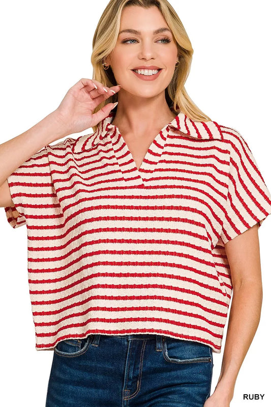 Zenana Striped Split Neck Collared Top RUBY