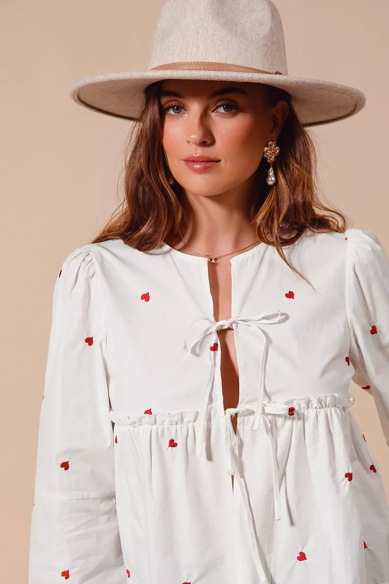 SO ME Front Tie Heart Embroidered Blouse With Puff Sleeve