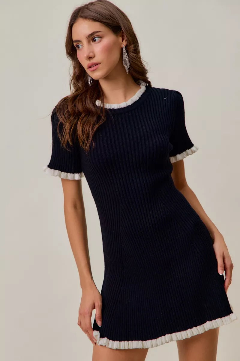 SO ME Contrast Ruffled Sweater Knit Mini Dress BLACK WHITE
