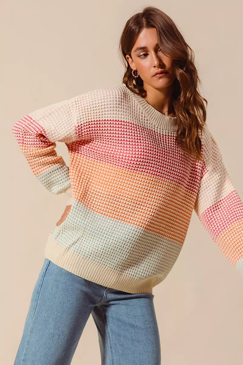 SO ME Multi Color Block Long Sleeve Sweater