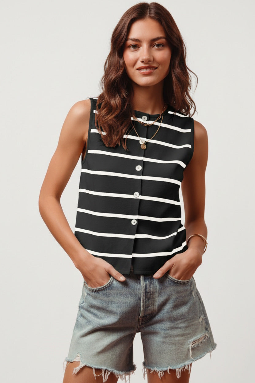 SO ME Button Front Stripe Fine Sweater Sleeveless Top