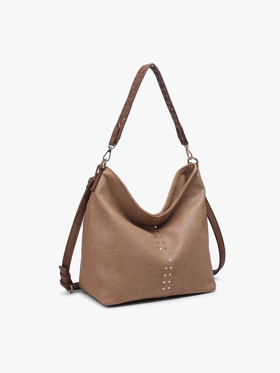 Brown leather handbag with a shoulder strap on a white background