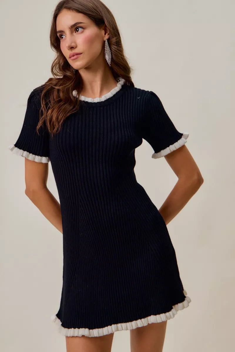 SO ME Contrast Ruffled Sweater Knit Mini Dress