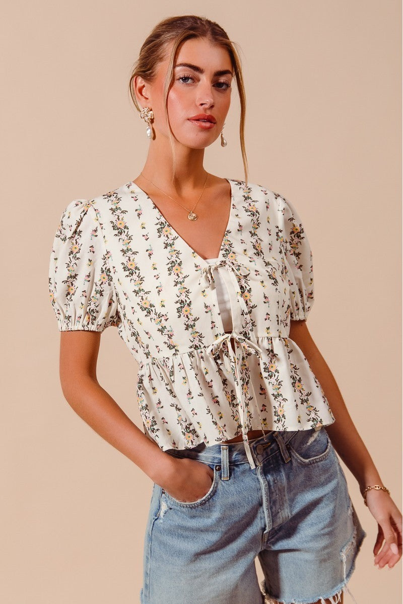 SO ME Floral Print Tie Front Shirred Hem Blouse