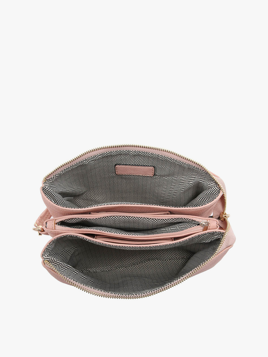 Open pink handbag with gray interior on a white background