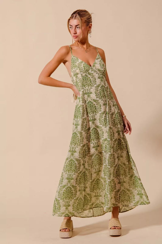 SO ME Damask Floral Summer Maxi Flowy Dress With Open Back SAGE GREEN
