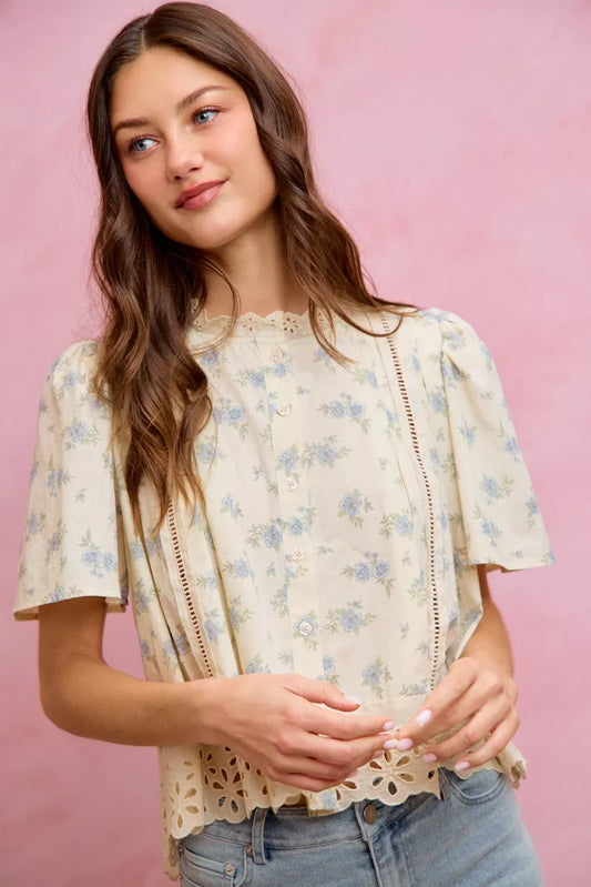 SO ME Floral Print Lace Trim Flutter Sleeves Blouse BLUE