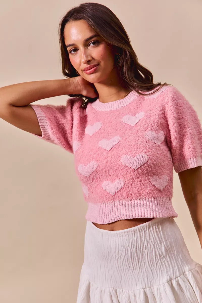 SO ME All Over Heart Valentine Cropped Sweater