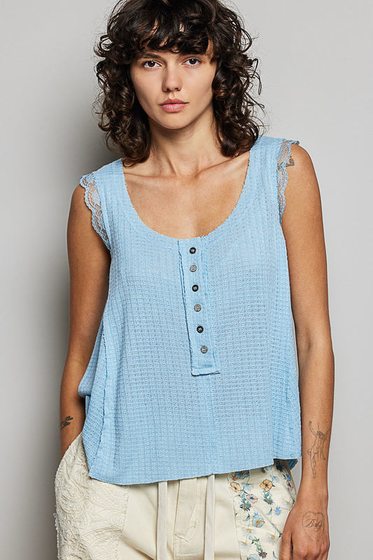 POL Textured Knit Round Neck Tank with Lace Detail SKY BLUE