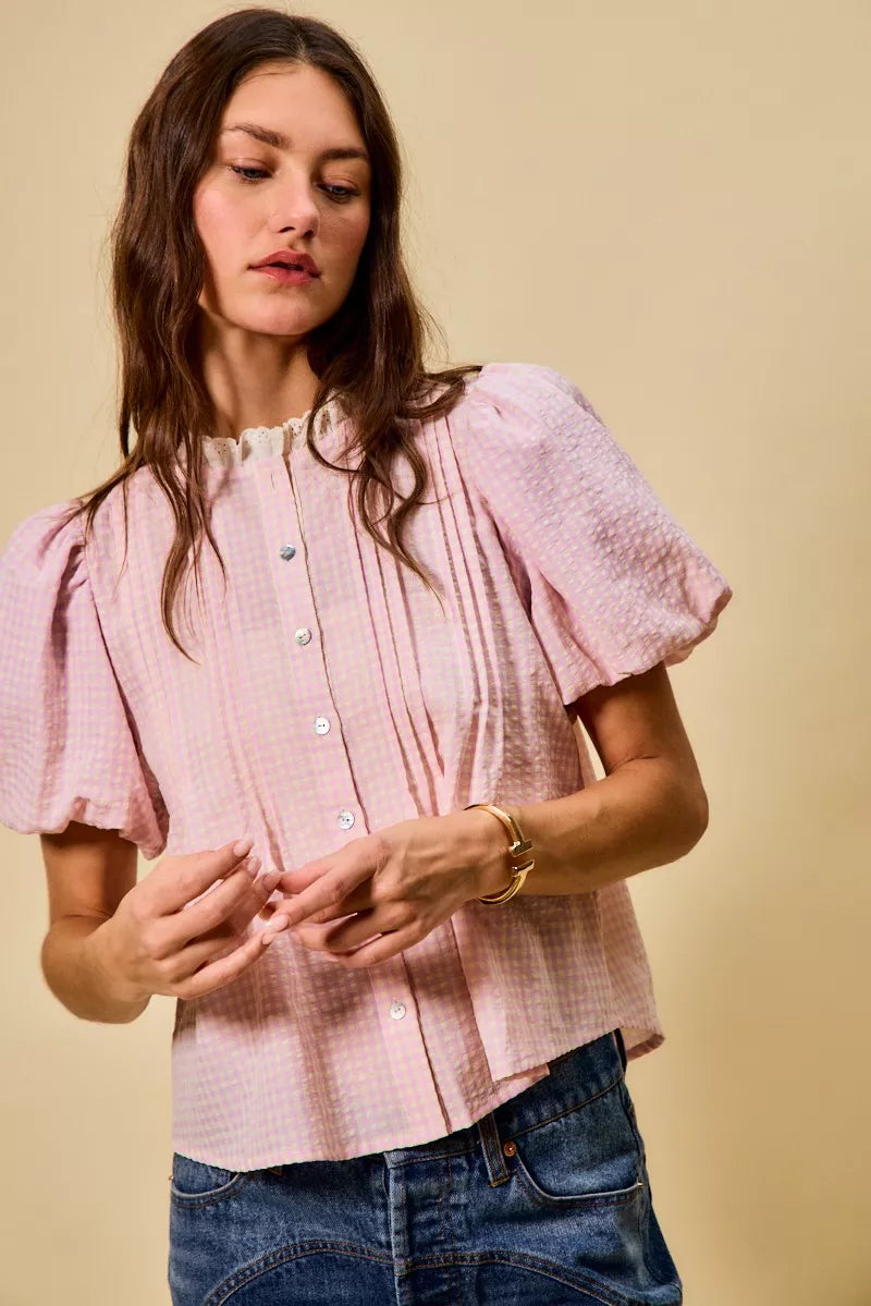 SO ME Gingham Lace Trim Button Bubble Sleeves Blouse