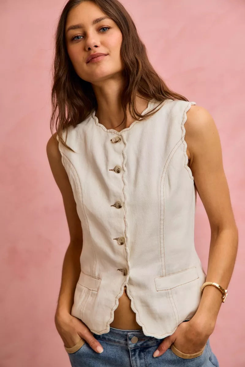 SO ME Scalloped Edge Cotton Twill Washed Vest Top