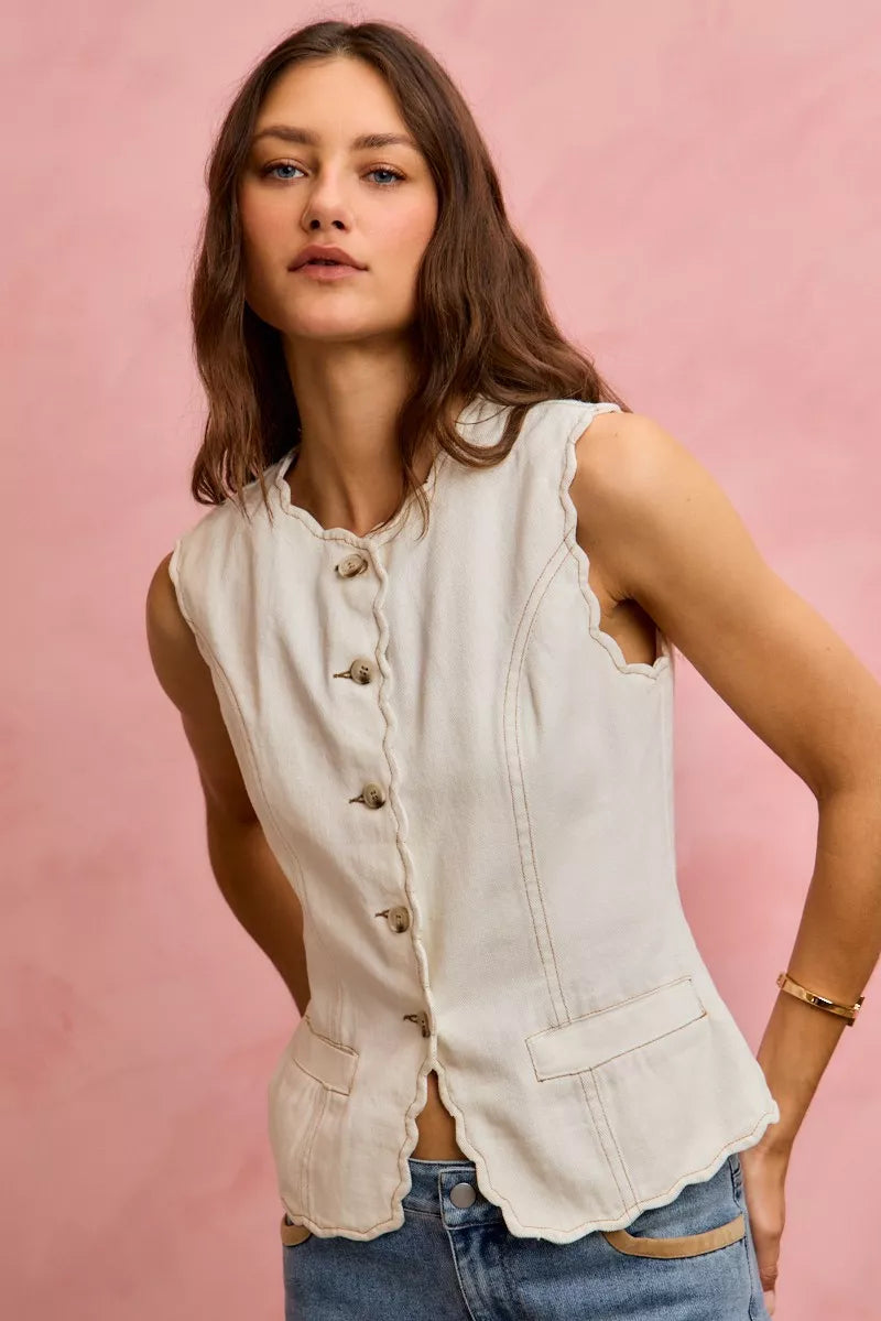 SO ME Scalloped Edge Cotton Twill Washed Vest Top