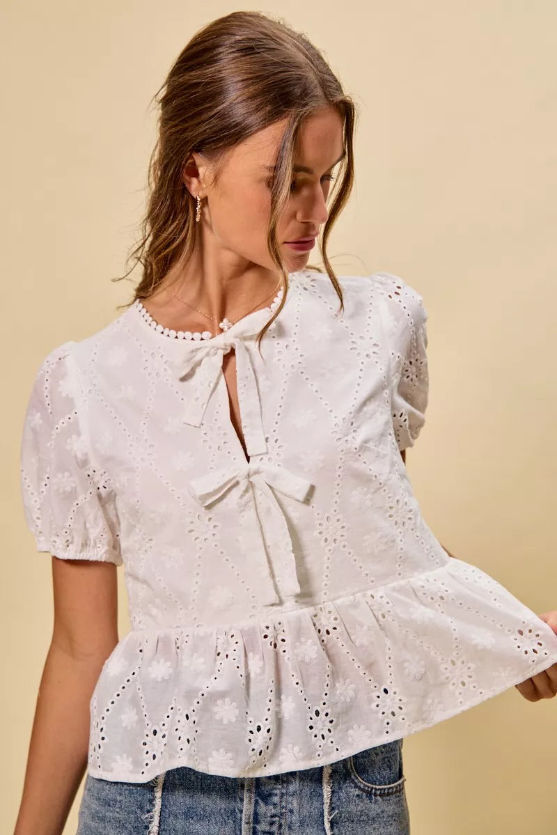 SO ME Cotton Eyelet Front Tie Short Sleeves Blouse