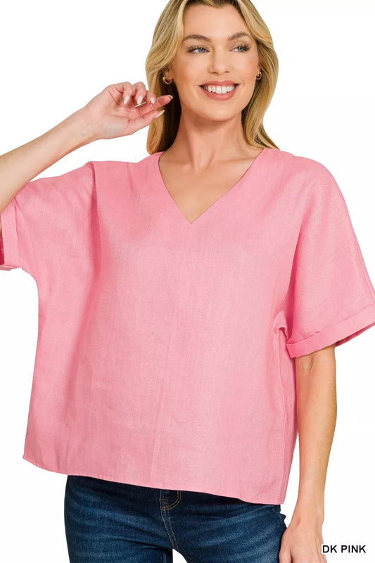 Zenana Linen V-Neck Cuffed Sleeve Top DK PINK