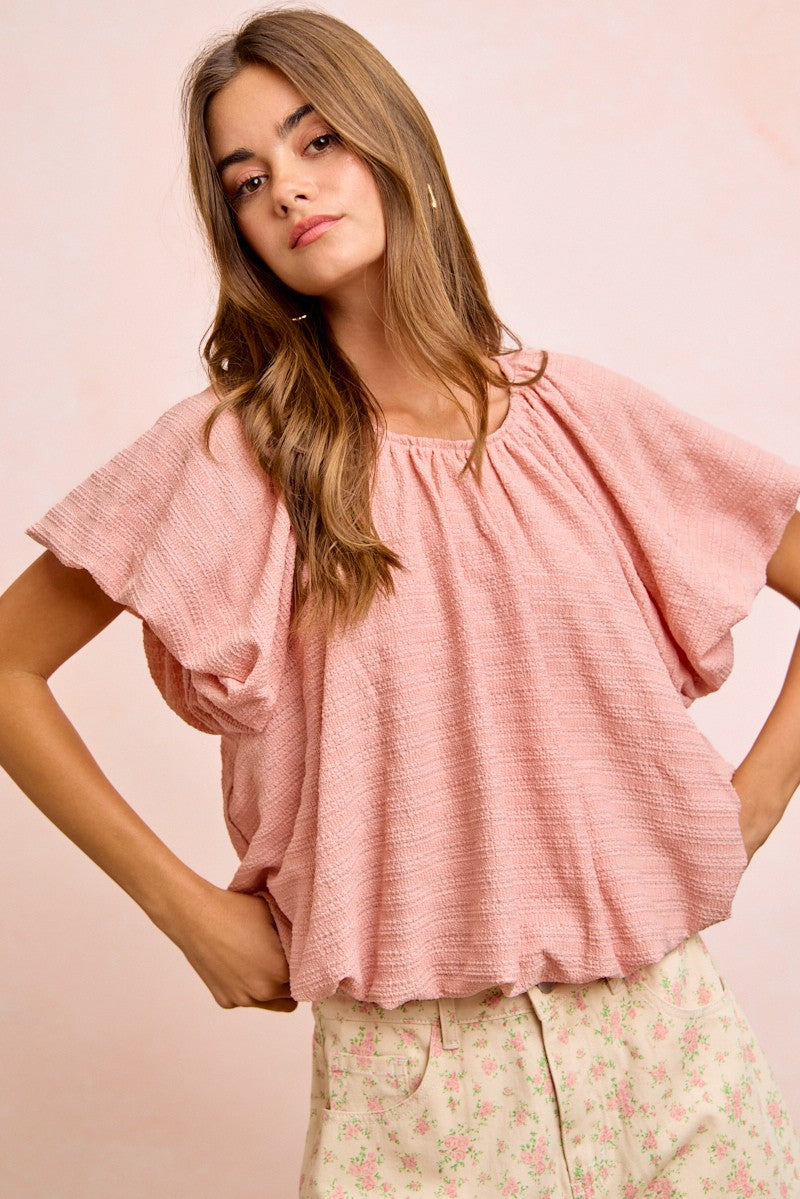 BiBi Stripes Textured Shirred Neckline Bubble Hem Top