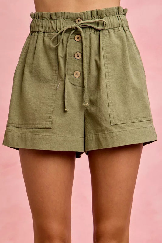 SO ME Paper Bag Patch Pocket Drawstring Twill Shorts OLIVE