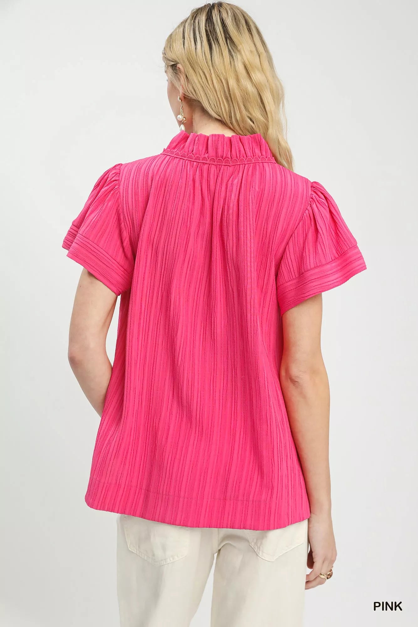 Umgee Texture Flutter Sleeve Notched Blouse