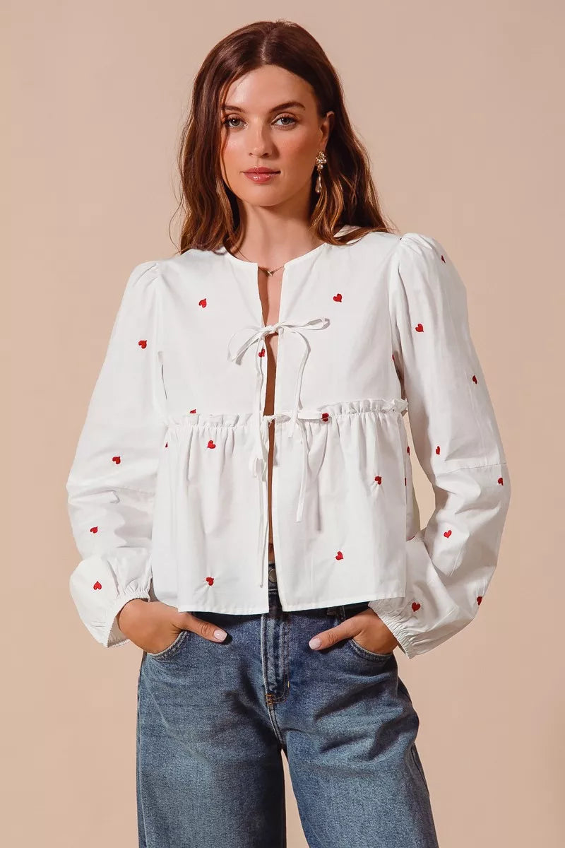 SO ME Front Tie Heart Embroidered Blouse With Puff Sleeve
