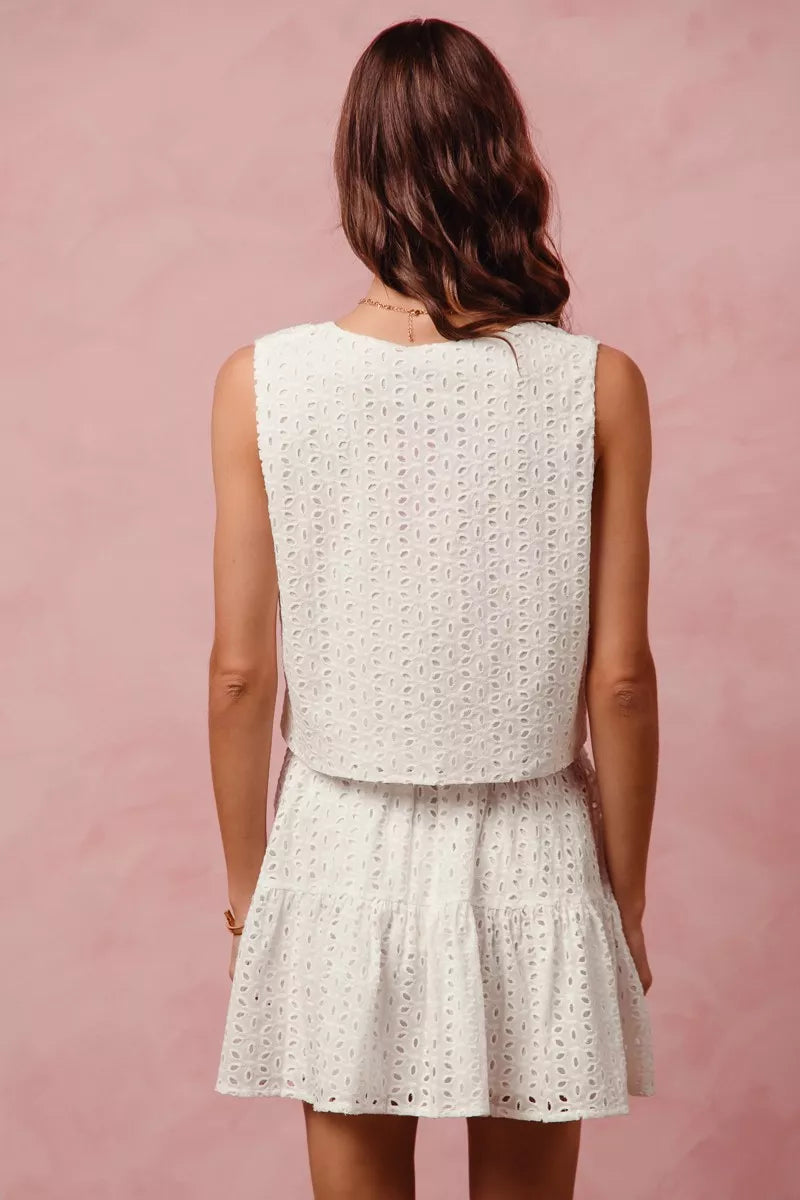 SO ME Floral Eyelet Lace Tie Front Vest Top and Tiered Mini Skirt Set