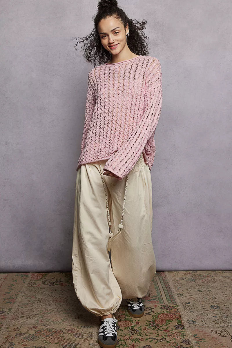 POL Openwork Round Neck Knit Top with Shiny Detail