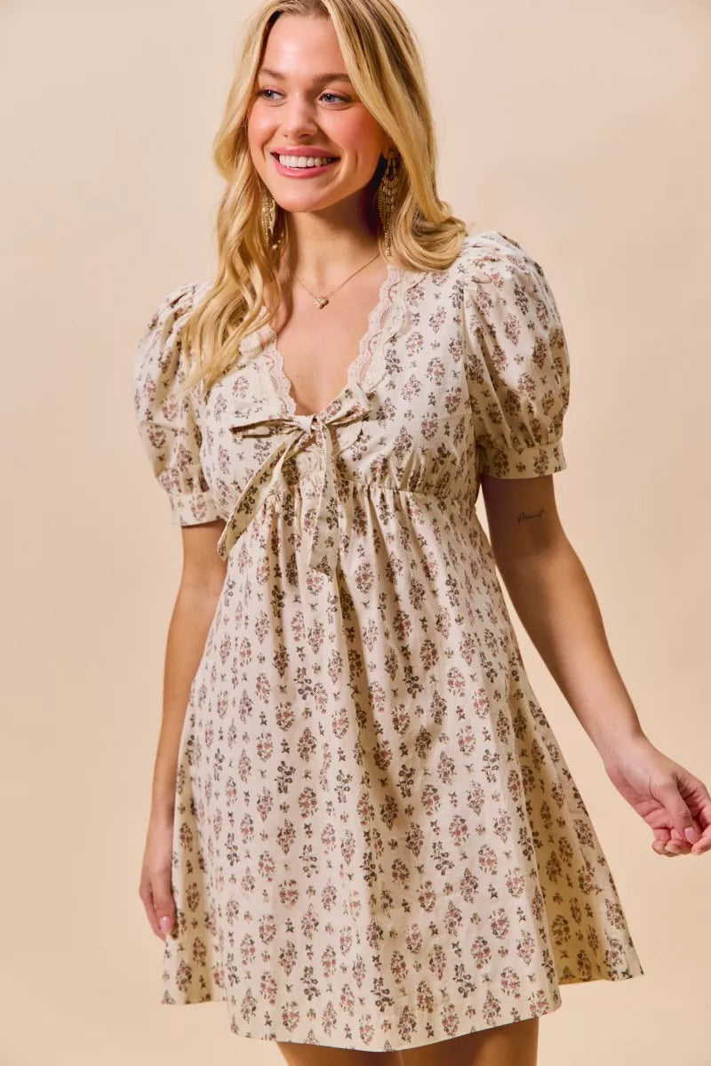 SO ME Floral Print Lace Trim Short Sleeves Mini Dress