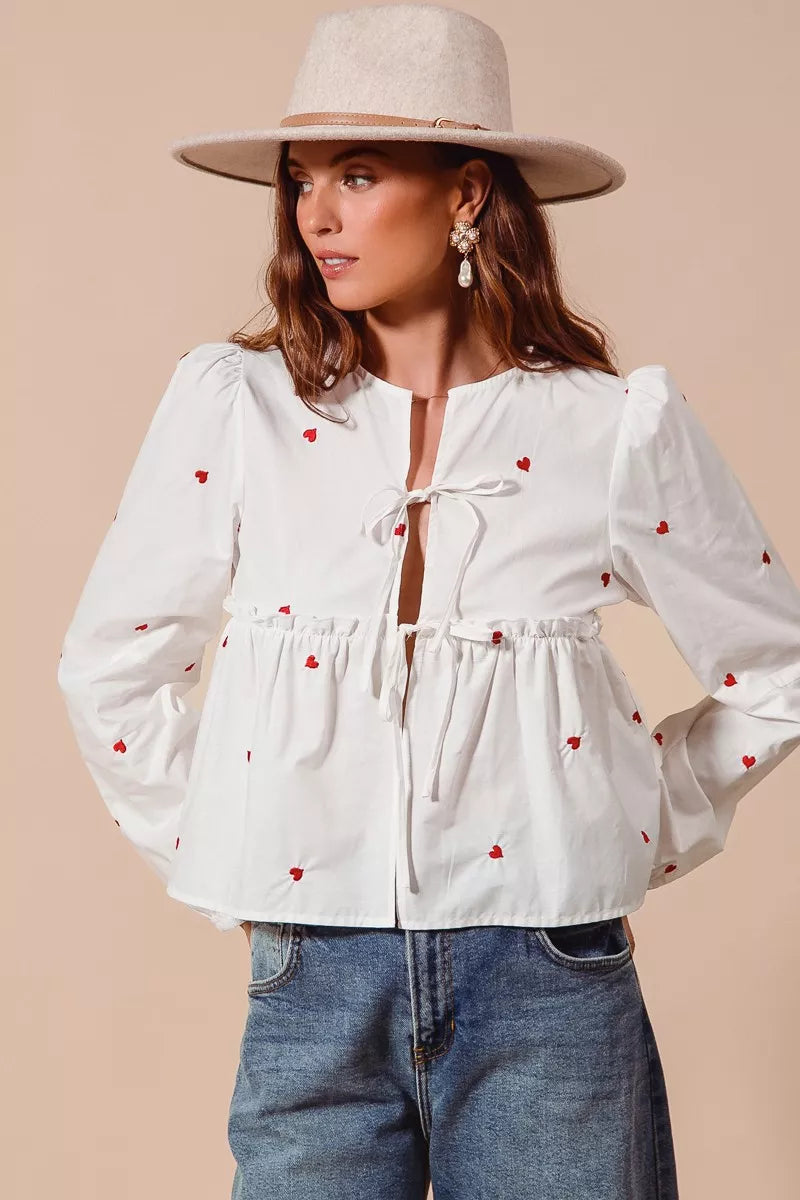 SO ME Front Tie Heart Embroidered Blouse With Puff Sleeve
