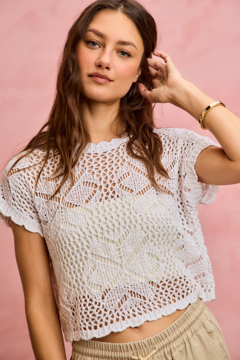 SO ME Crochet Scallop Edge Short Sleeves Knit Cover Up