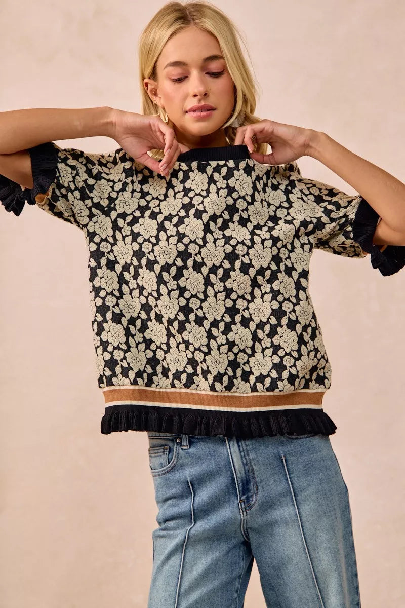 BiBi Textured Rose Knit Top Contrast Banded Puff Sleeve