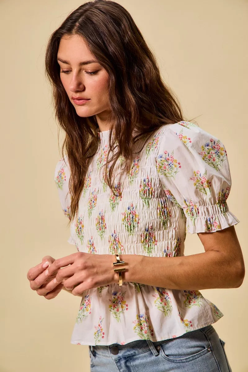 SO ME Floral Cotton Smocked Short Sleeves Blouse